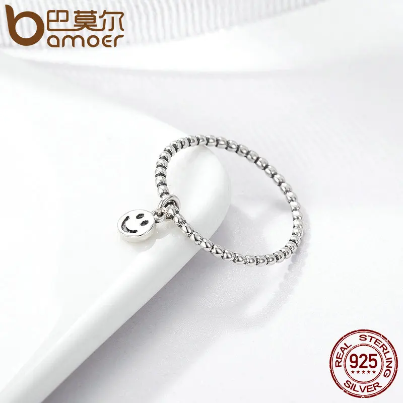 BAMOER Hot Sale 100% 925 Sterling Silver Lovely Smile Face Dangle Finger Rings for Women Sterling Silver Jewelry Gift SCR147