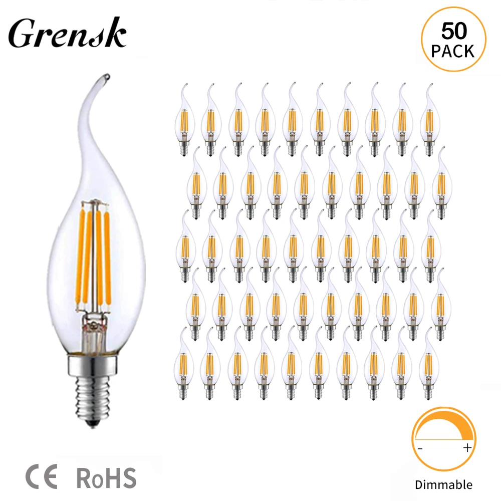 Grensk 50 шт./лот C35 4 Вт E14 светодиодные лампы в виде свечи теплый белый 2700K винтажная