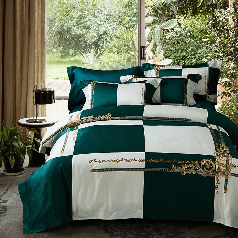 4pcs dark green and white bedding set full queen king size fitted bed sheet spread 100s silky satin egyptian cotton duvet cover