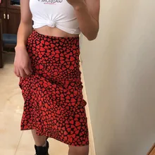 Шелковые романтические красные Юбки-миди с принтом в виде сердца и Русалочки, Женская длинная юбка с эластичной резинкой на талии