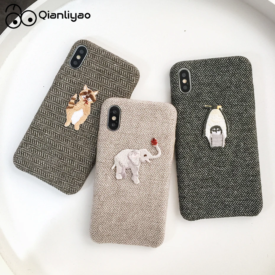 

Qianliyao Cute Embroidered Elephant Raccoon Penguin Linen Cloth Phone Case For iphone 6 6s 7 8 plus X XS Max XR Cover Fundas
