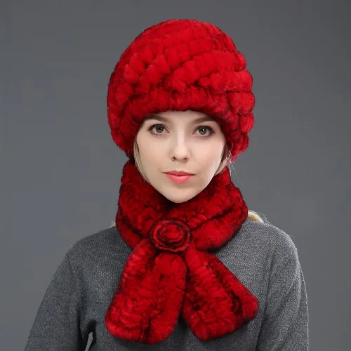 Red with black tip Элегантный женский Настоящий мех кролика шапочки зимние теплые шапки шарф ручной вязки Полосатые Шляпы наборы пушистые мягкие 12 цветов - Цвет: Red with black tip