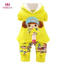 Для маленьких девочек детская одежда Костюмы комплект с длинным рукавом с капюшоном хлопка мультфильм плотная одежда 2 шт. комплект одежды с топами и штанами