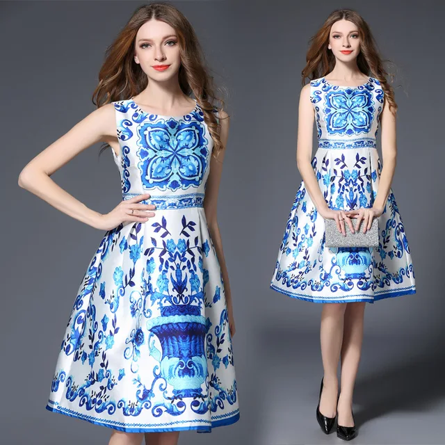 Women Blue And White Porcelain Print Dress Office Work Dresses Women Blue And White Porcelain Print Dress Office Work Dresses Las O Neck Sleeveless A