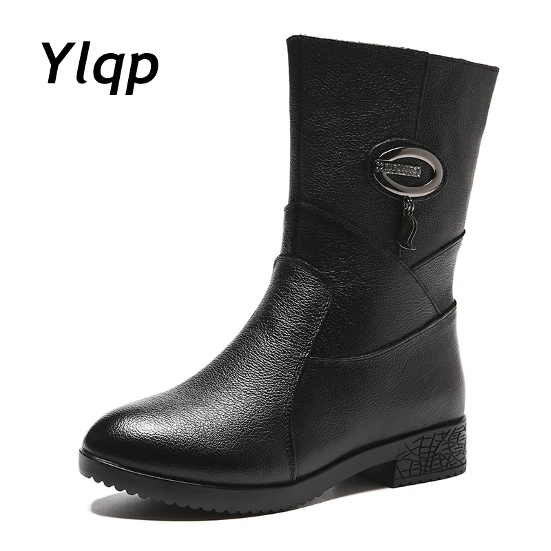 Najtaniej 2019 nowych kobiet buty na platformie prawdziwej skóry panie kwadratowe obcasy okrągłe Toe połowy buty ze skórki cielęcej kobieta buty damskie buty zimowe czarne