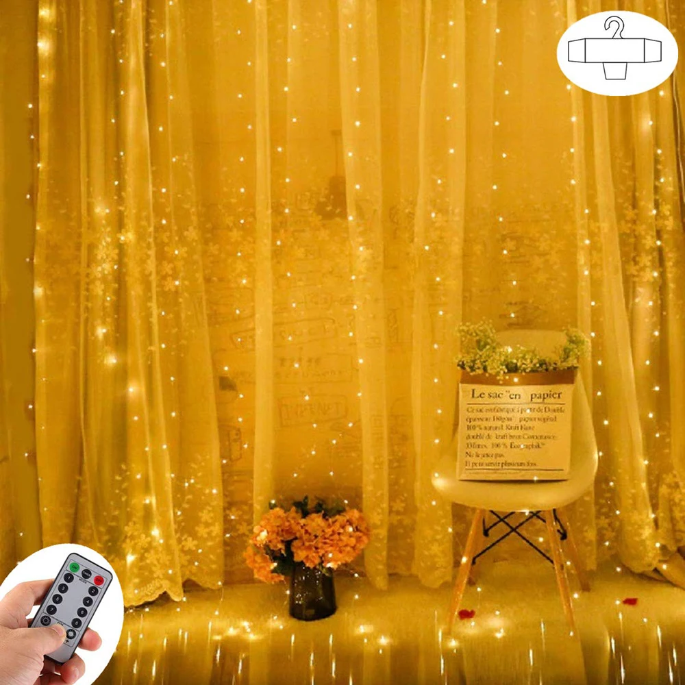 

USB powered 3x3 Meter Curtain Window Led String Lights with Remote Timer Dimmable 8 Modes Hanging Curtain Lights for Holiday