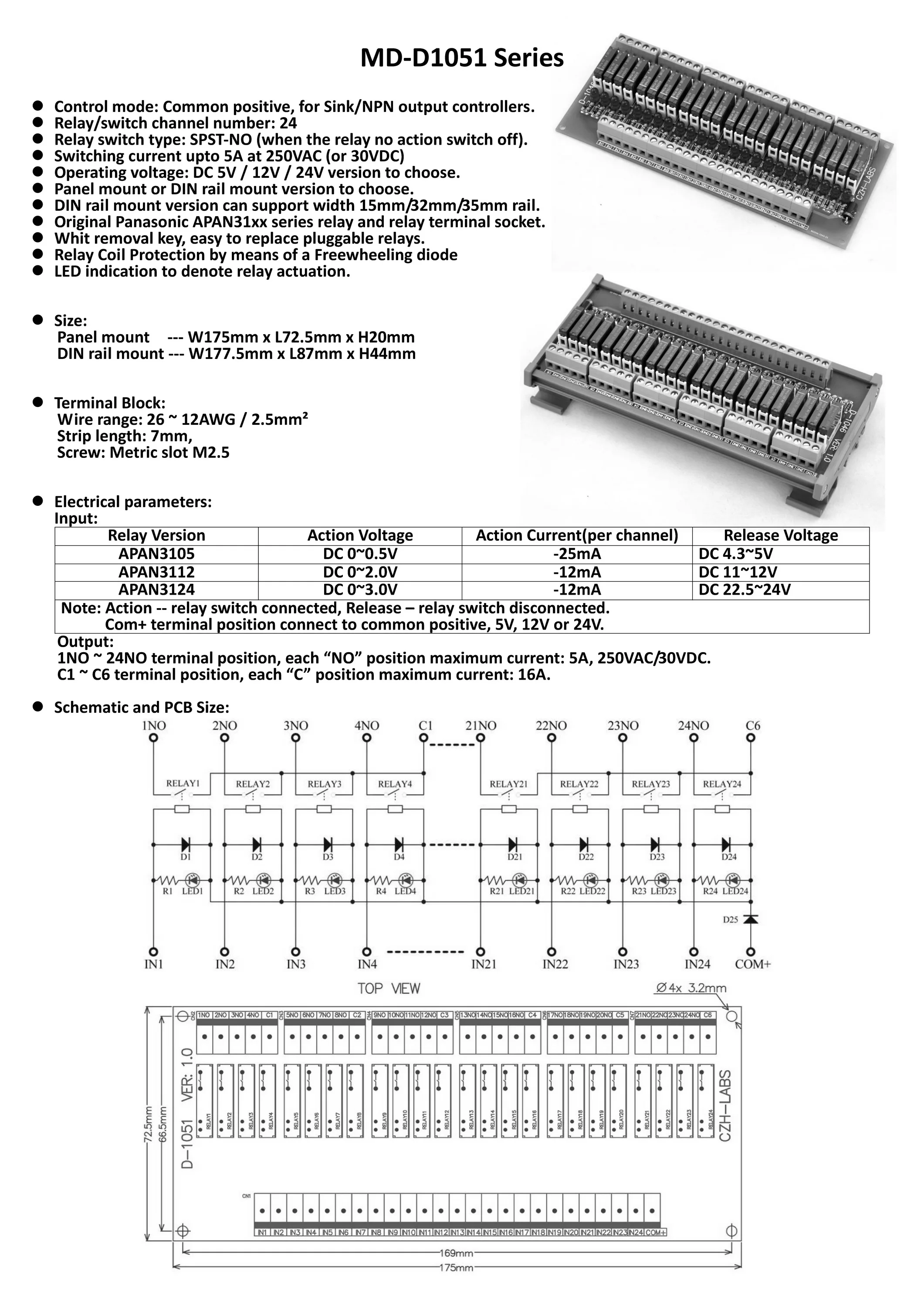 Тонкое крепление на din-рейку DC24V раковина/NPN 24 SPST-NO 5A модуль реле питания, APAN3124