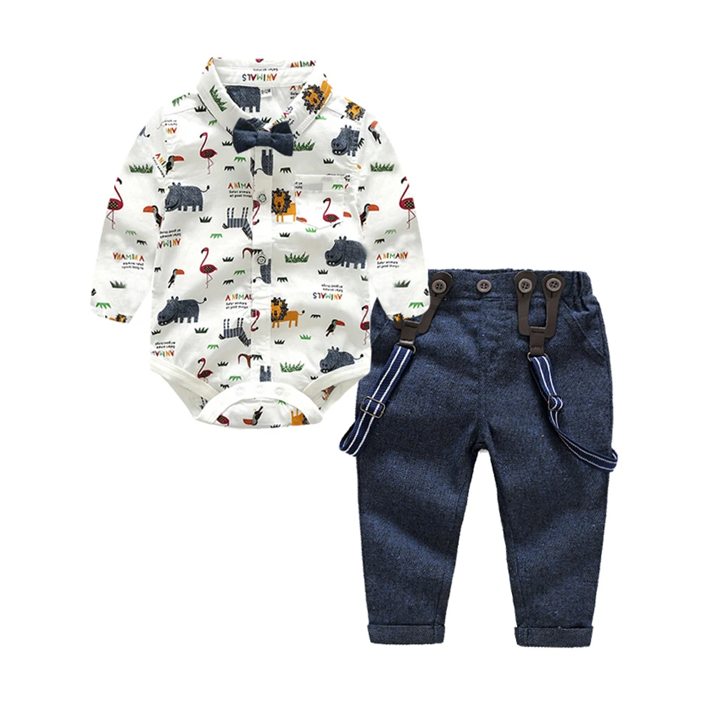 

Tem Doger Baby Boys Gentleman Clothes Suits Bowtie Shirt Rompers + Overalls 2pcs Toddler Bodysuit Outfits Infant Party Jumpsuits