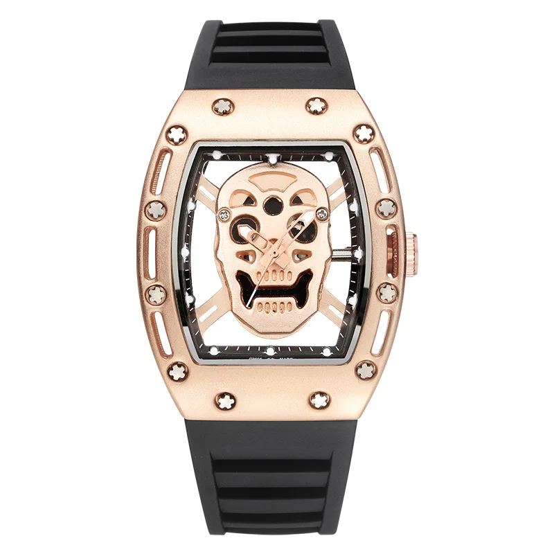 Модные мужские часы с черепом, полые, водонепроницаемые, Tonneau, часы со скелетом, мужские кварцевые Силиконовые наручные часы, мужские часы, Relogio Masculino - Цвет: rose gold
