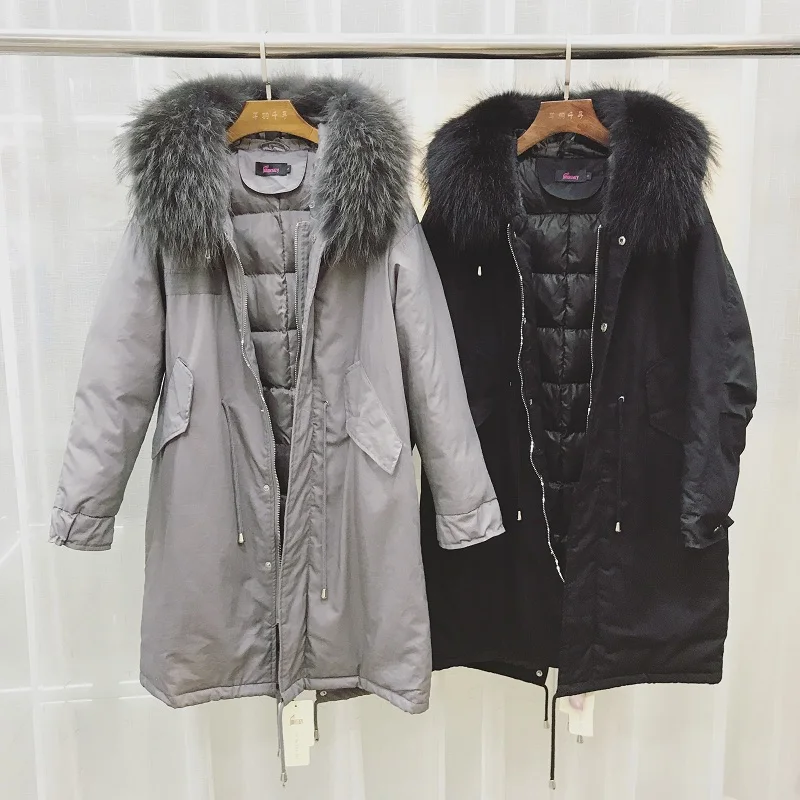 Большой натуральный мех енота длинное женское пальто размера плюс парка зимняя куртка женское теплое пальто с капюшоном белая куртка на утином пуху