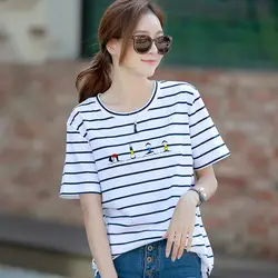 Летняя Женская Новинка 2019, Корейская футболка с рисунком, свободная Хлопковая полосатая футболка большого размера, женская рубашка с