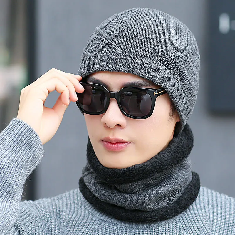 Корейская версия осенней и зимней мужской вязаной шерстяной шапки плюс бархат утолщение головы [шапка+ нагрудник] костюм из двух предметов