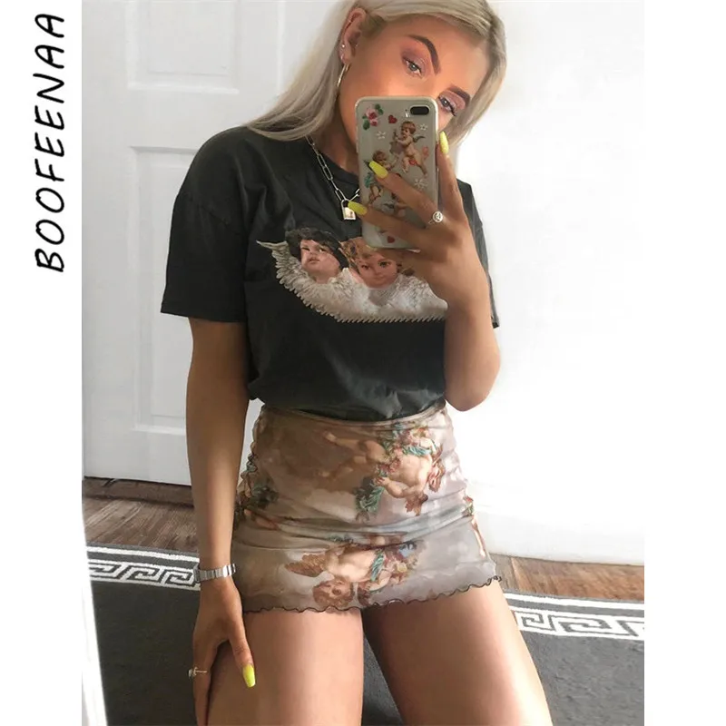 BOOFEENAA Сексуальная сетчатая мини юбка с принтом ангела весна 2019 винтажная Милая
