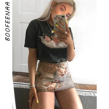 

BOOFEENAA Sexy Angel Print Mesh Mini Pencil Skirt Summer Spring 2019 Vintage Kawaii Elastic High Waist Skirts Womens C67-G87