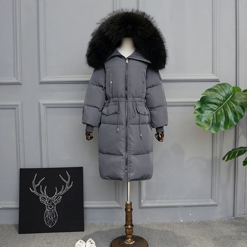 Воротник из меха енота, свободная куртка из гусиных перьев, Женское зимнее пуховое пальто размера плюс, длинная парка, женская теплая верхняя одежда Okq035 - Цвет: Grey qingzhen fur