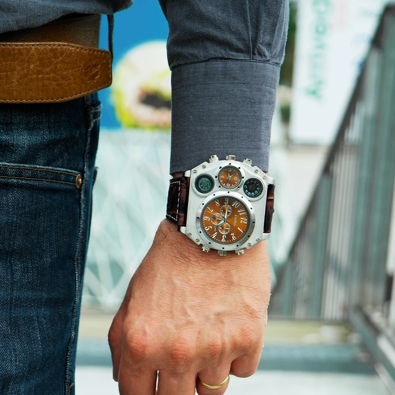 Oulm Уникальный дизайн часы Мужские люксовый бренд Мужские кварцевые часы большой размер два часовых пояса повседневные наручные часы relogio masculino