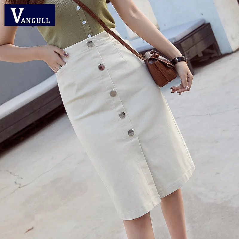 

Vangull Casual High Waist Single Breasted Women Cotton Skirt 2019 New Pockets Slim Wrap Streetwear Skinny Female Pencil Skirt