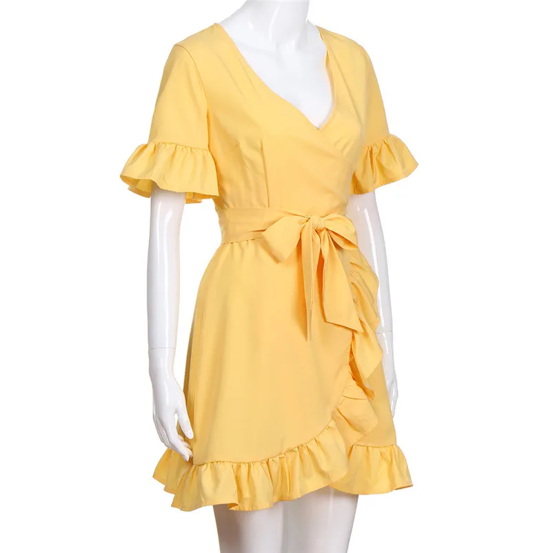 HOT sell Fashion summer dress beach dress Women casual V-Neckline Dress Solid Short Sleeve Irregular dress vestidos Y12#N (11)