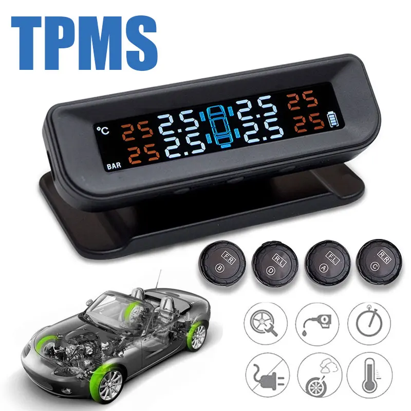 

Vehemo TPMS Tire Pressure Monitor Tmps Wireless Gauge Meter Digital for Anti-Explosion High Temperature Alarm Tyre Automobile