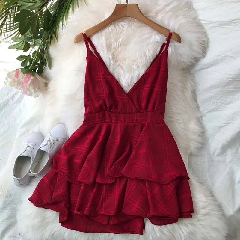 Kopen NiceMix Badplaats Stijl Sling vrouwen Diepe V hals Playsuits Cross Backless Ontwerp Hoge Taille Bandjes Chiffon Plaid Jumpsuit