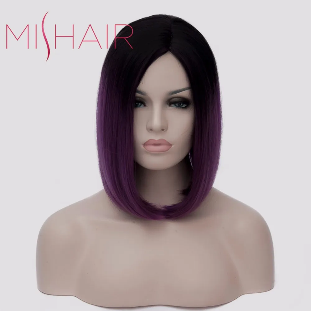 Mishair Women's Short Ombre Purple Wig Heat Resistant Synthetic Lady Wig Cosplay Purple Color Fashion Wig for Womens Anime Wig