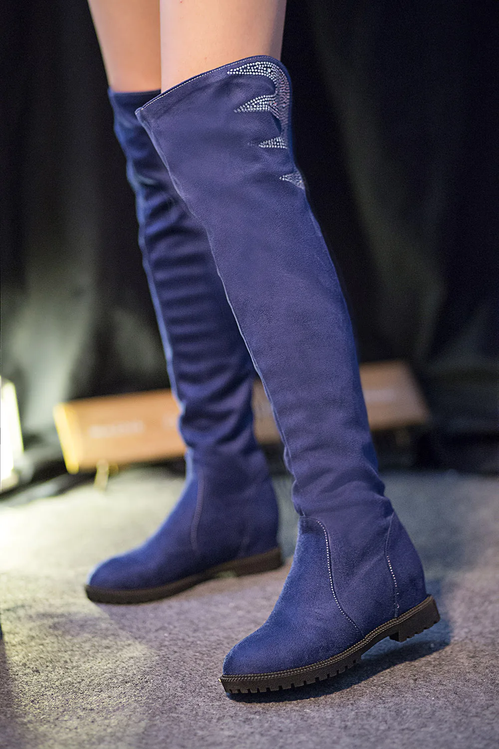 

2015 winter Autumn New Slip-On Over Knee Boots Women Solid Colors Rhinestone Height Incrasing Over Knee Boots size 34-39 R1483