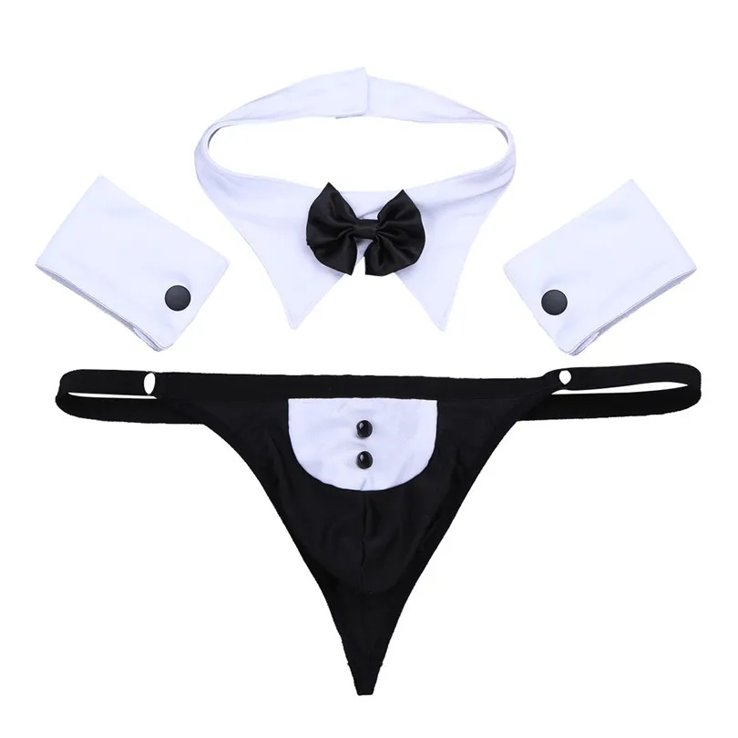 Male Mens Lingerie Bow Waiter Lingerie Costume Suit Open Back Tuxedo G-string Thong Underwear with Bow Tie Collar and Bracelets