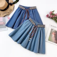 Wasteheart Spring Blue Women Skirt High Waist A-Line Long Skirt Mini Skirts Sexy Skirt Plus Size Casual Lace Up Skirts Beading double slit lace up mini skirt