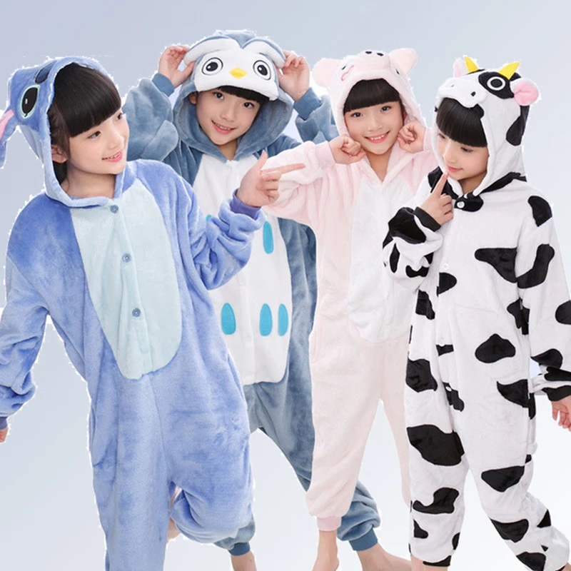 

New Flannel Kids Pajamas Animal Unicorn Stitch Pikachu Cosplay Onesies Children Sleepwear For Boys Girls Pyjamas Hooded 4-12Year
