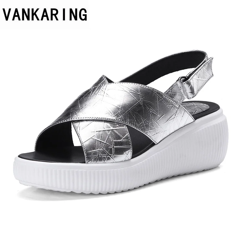 

VANKARING brand fashion new styles summer cow leather casual women shoes gladiator open toe sandals woman casual date sandals