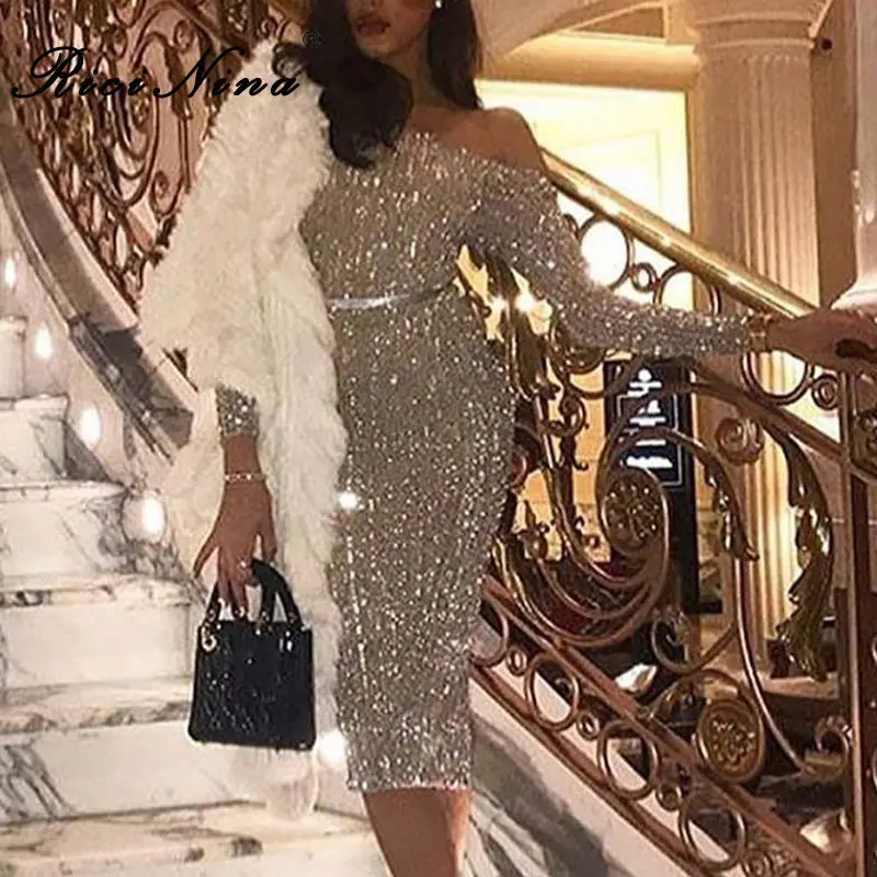 RICININA New Women Dress Woman Slash Neck Long Sleeve Sequins Straight Bodycon Party Dress Woman Elegant Club Dresses Vestidos RICININA New Women Dress Woman Slash Neck Long Sleeve Sequins Straight Bodycon Party Dress Woman Elegant Club Dresses Vestidos