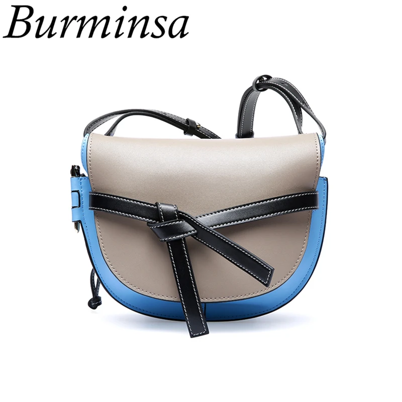 

Burminsa Fresh Small Bowknot Genuine Leather Bags Women Hit Color Designer Handbags High Quality New Shoulder Messenger Bag 2019