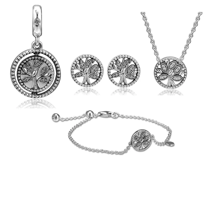 

Family Trees of Love Life Jewelry Set 100% Real 925 Sterling Silver Bracelet Necklace Beads Stud Earrings for Women Gift PFB077