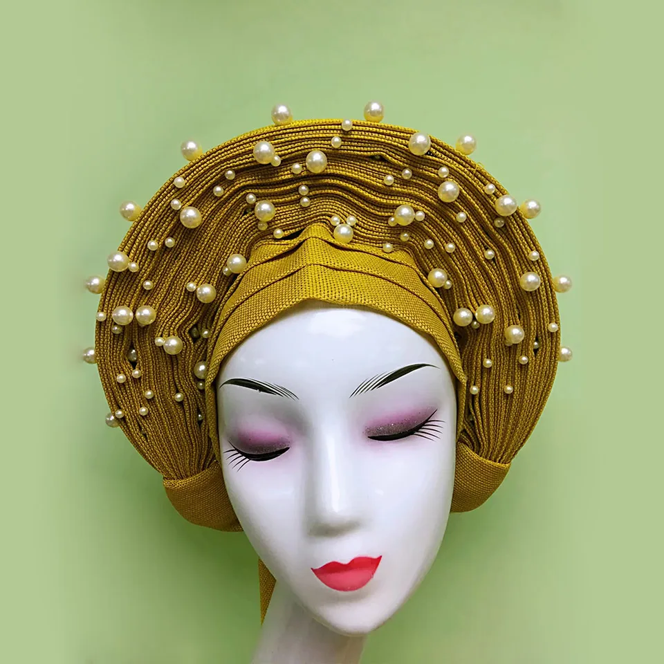 

Aso oke headtie gele nigerian headtie african headtie auto gele women head wrap lady turban for wedding In Yellow MONA-6