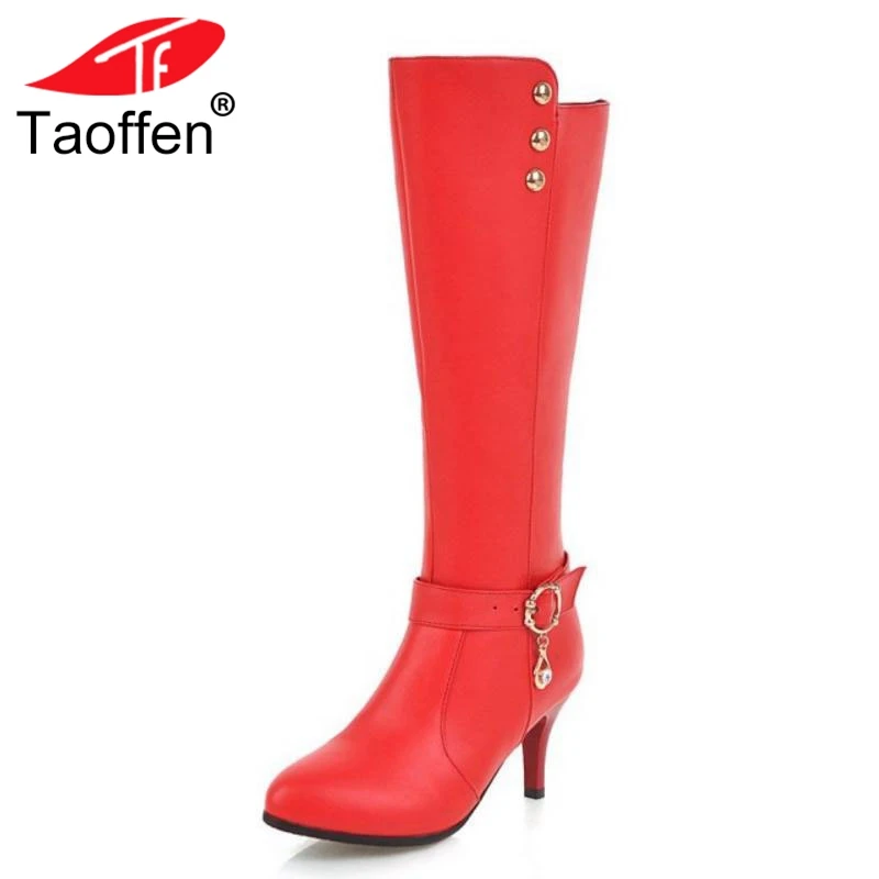 

Taoffen Plus Size 32-48 Women High Heel Boots Rivets Shoes Woman Fur Warn Winter Knee Boots Fashion Concise Ladies Shoes