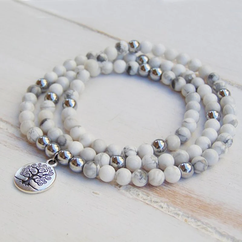 

108 Buddhist Prayer Beads Bracelet Yoga White Howlite Beaded Wrap Bracelet Tree Of Life Mala Wrist Women Men