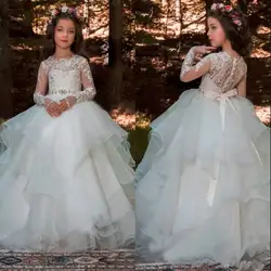 Бальное платье оборками Платье в цветочек для девочек для свадьбы с длинными рукавами Кристалл Sash малыши Платье для первого причастия