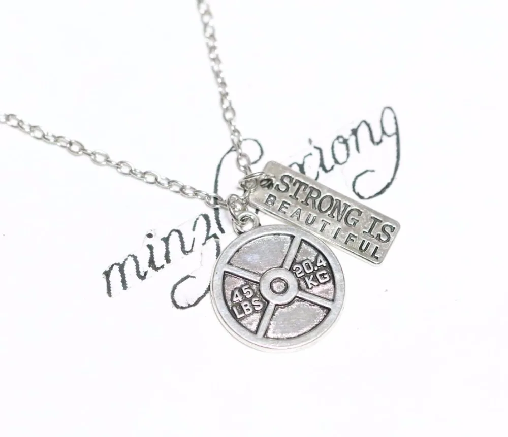 

45LB WEIGHT PLATE STRONG IS BEAUTIFUL Chain Necklace Fitness Weightlift CROSSFIT