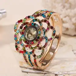 Красочные часы Женская Роскошная лента выдалбливают браслет кристалл кварцевые часы ювелирные изделия Шарм креативный July17