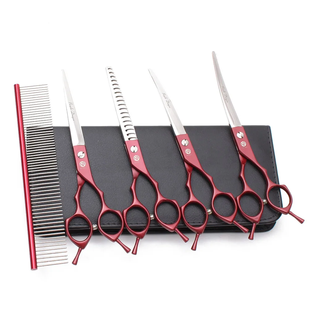 Suit 6.5" 7" 440C Dog Grooming Kit Straight Scissors Thinning Shears UP&Down Curved Shears Comb Professional Pet Scissors Z3009