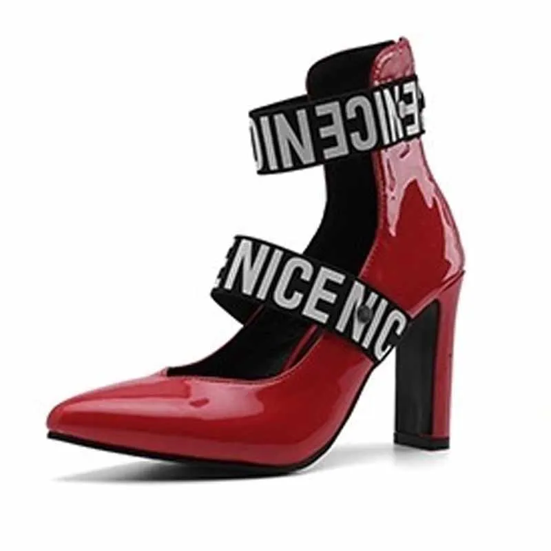 

2019 summer new ladies pointed thick with single shoes letters color matching shallow mouth zipper super high heel ladies sandal