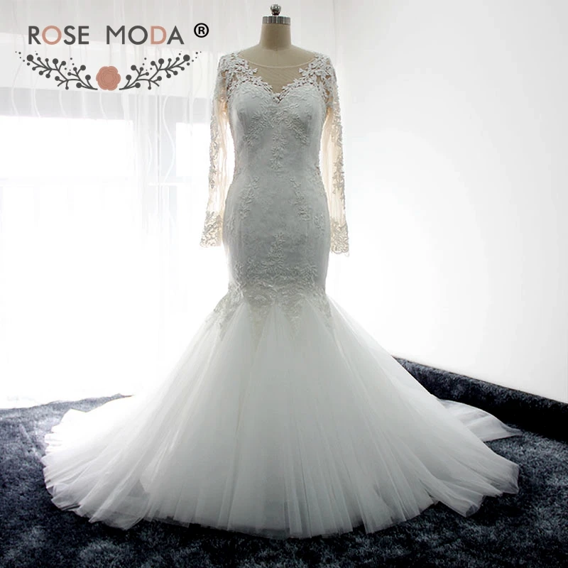 Роза Moda Великолепная одежда с длинным рукавом Кружево Русалка свадебное платье с Съемный Royal Поезд Иллюзия Назад реальные фотографии