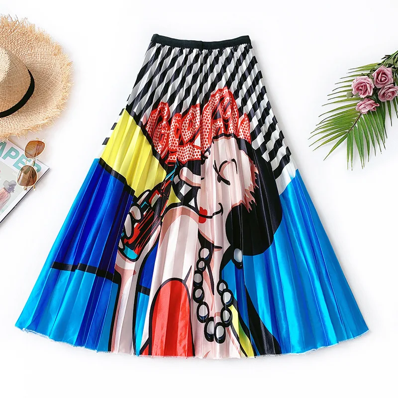

2019 New Spring Autumn Woman Cute Cartoon Print Satin Long Pleated Skirt Elastic High Waist Harajuku Mid-calf Maxi Skirt Faldas