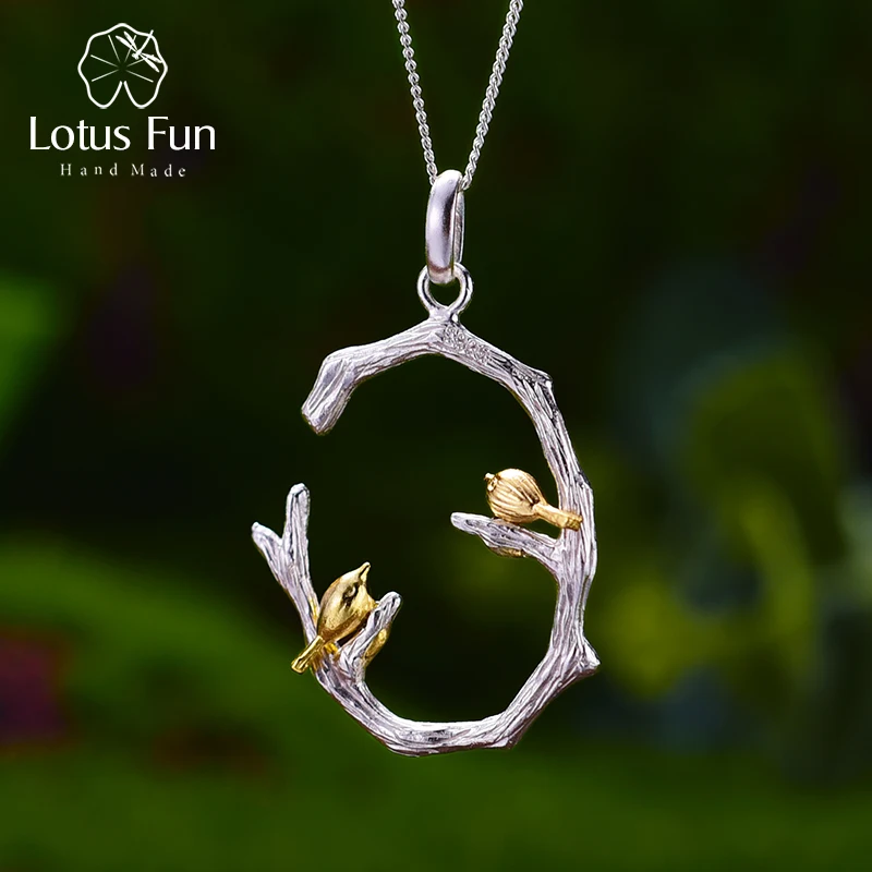

Lotus Fun Real 925 Sterling Silver Natural Original Handmade Fine Jewelry Bird on Branch Pendant without Necklace for Women