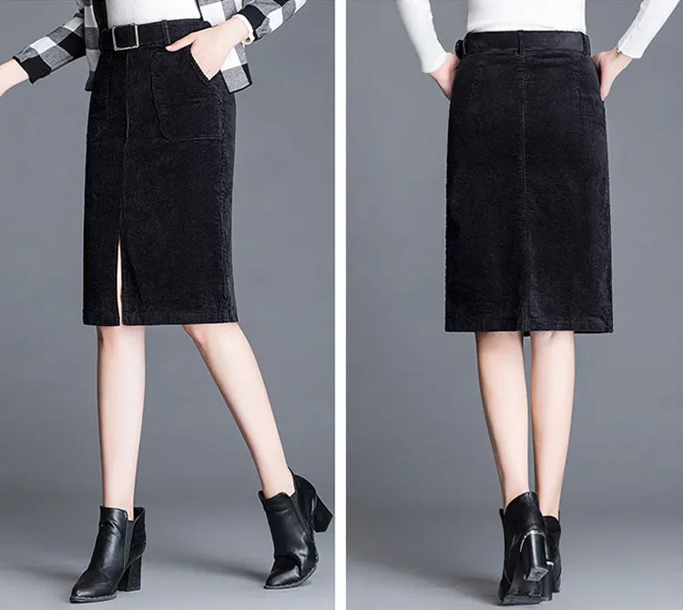 Casual Corduroy Skirts Womens Autumn Winter Black Brown Knee-Length High Waist Skirt Plus Size 3XL Ladies Slim Straight Skirt