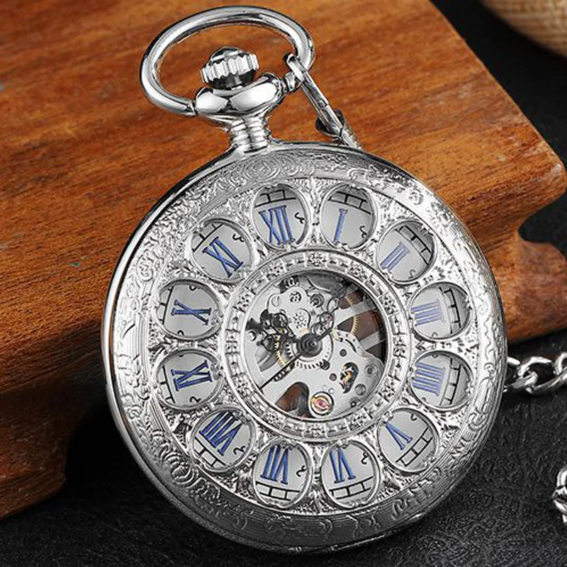 Luxury Blue Roman Numerals Mechanical Pocket Watch Retro Hollow