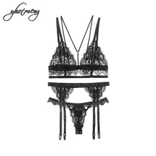 Yhotmeng 3 pieces with garters bra set lace transparent three-point temptation sexy lingerie set eyelash lace underwear women