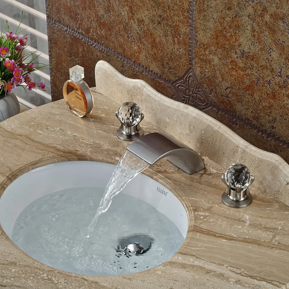

Wholesale And Retail Nickel Brushed Widespread Bathroom Basin Faucet Romen Waterfall Spout Vanfity Sink Mixer Tap