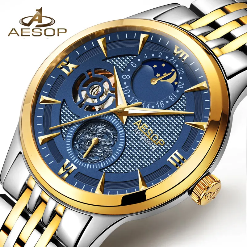 

New AESOP Fashion Brand Men Watch Men Automatic Mechanical Gold Wrist Watches Wristwatch Male Clock Relogio Masculino Hodinky