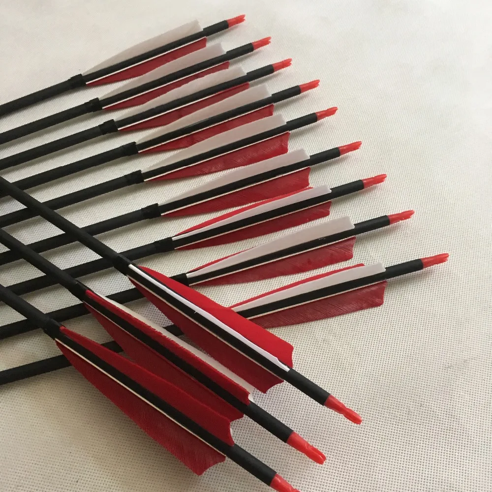 12pk red&white Archery Carbon Arrows Shaft Feather For Hunting Bow
